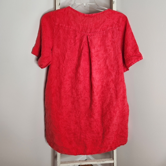Cut loose dress womens Medium red pink floral short sleeve 100% Linen lagenlook - Picture 8 of 8